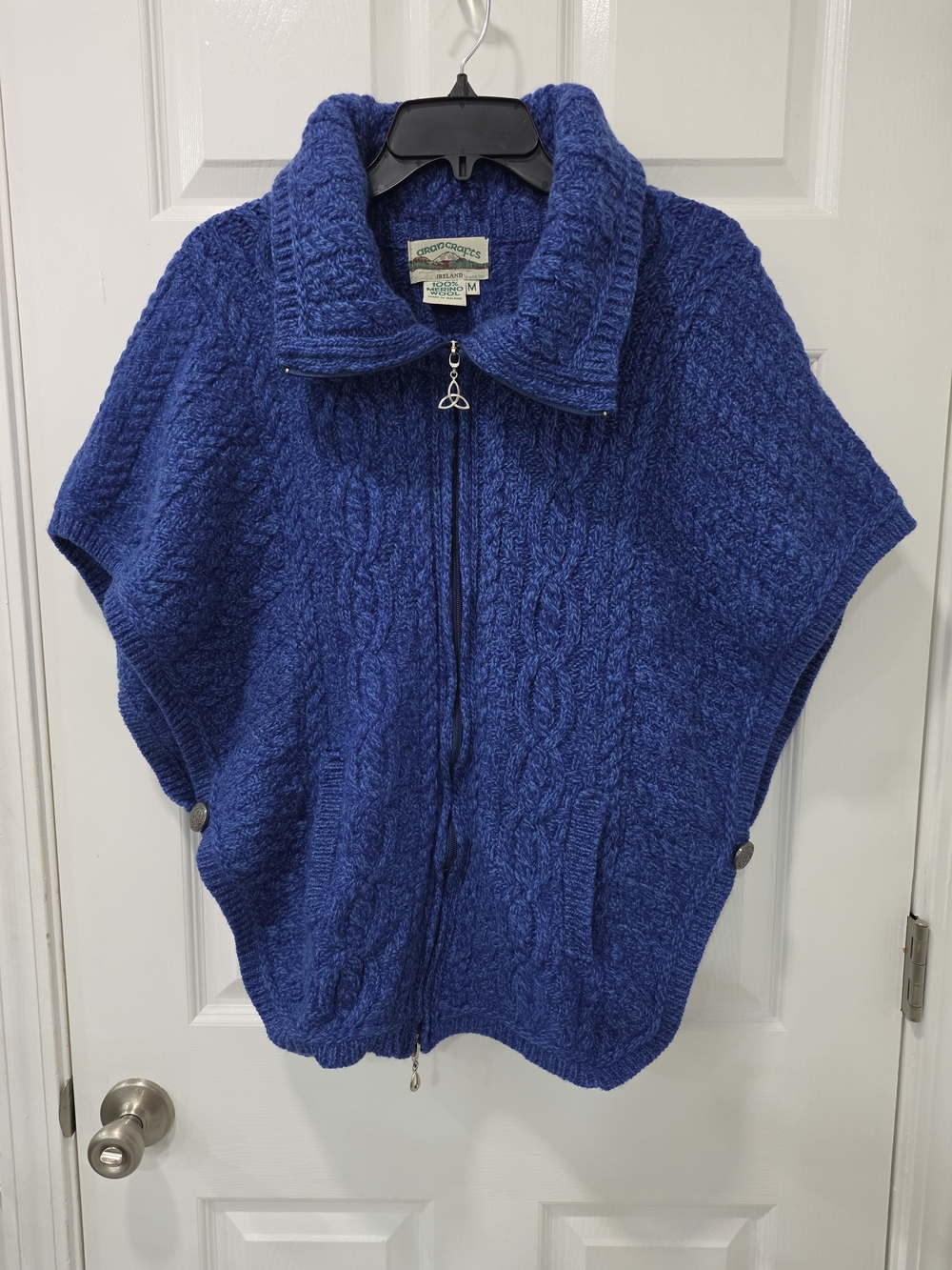 Aran Crafts 100% Merino Wool Cable Knit Zip Poncho Vest Blue, Size M - Picture 3 of 9